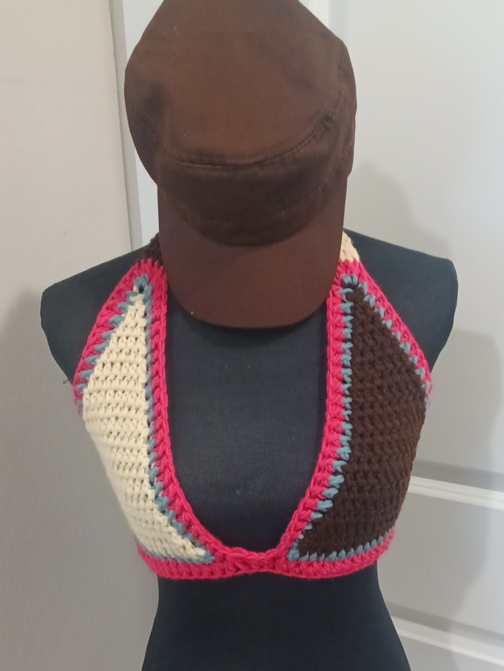 Handmade Crochet Halter Top - Brown, Cream & Pink